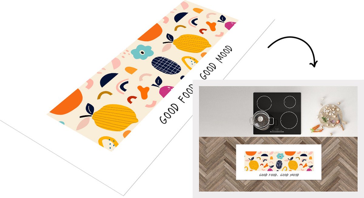 KitchenYeah Keukenloper - Loper keuken - Spreuken - Eten - Good food, good mood - Quotes - 120x50 cm - Keukenloper vinyl Multicolor