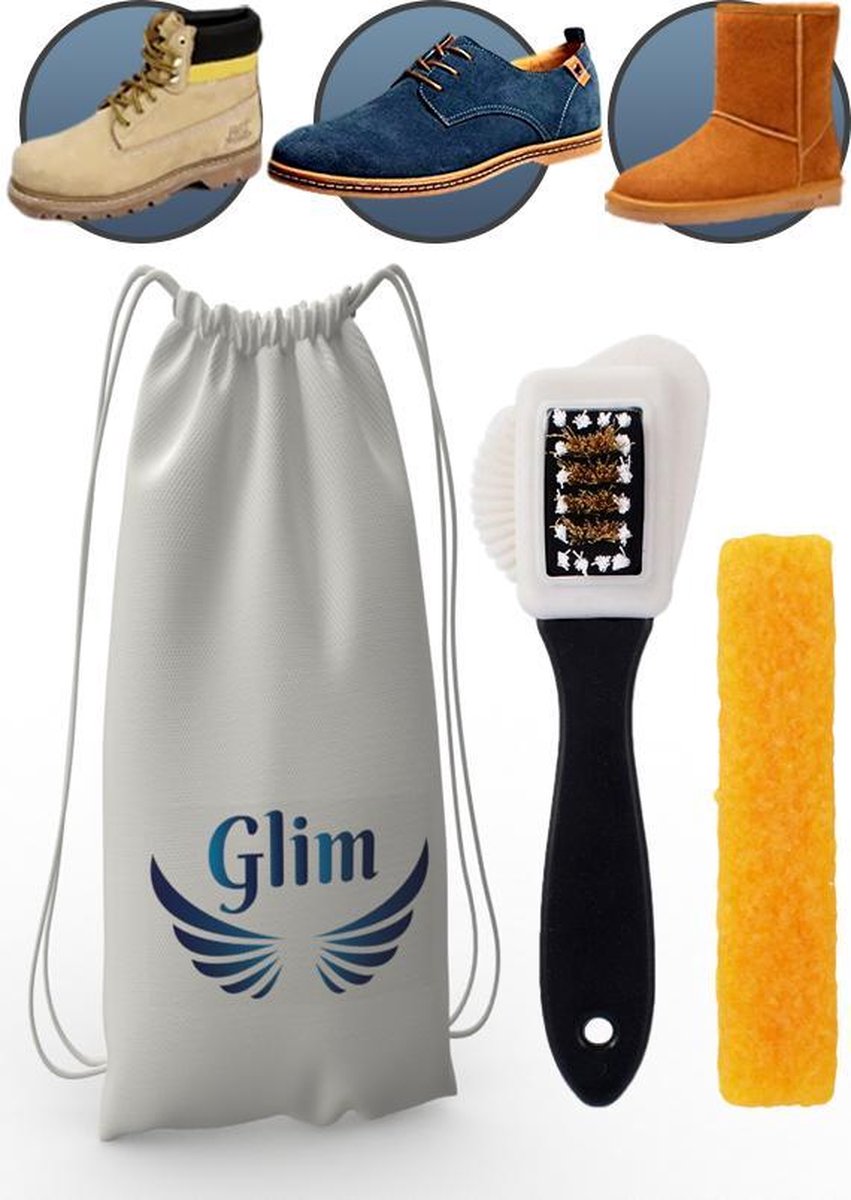 Glim® Originele Suede Set - Borstel + Gum - Suede Borstel - Suede Schoenverzorging - Schoenborstel / Veger - In Katoenen Opbergzakje - Glim®