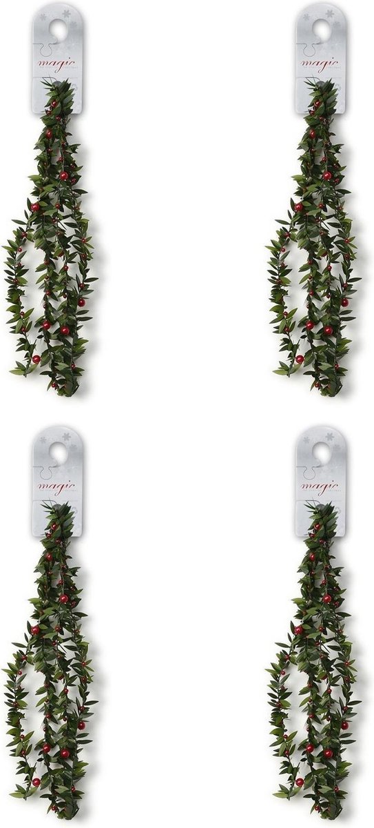 4x Groene dunne kerst slingers/guirlande met rode versiering 150 cm