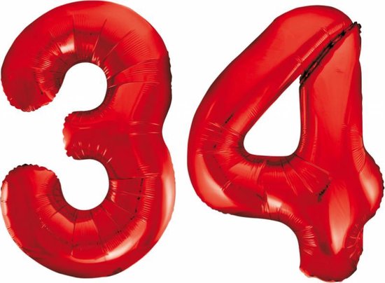 Folieballon 34 jaar rood 86cm