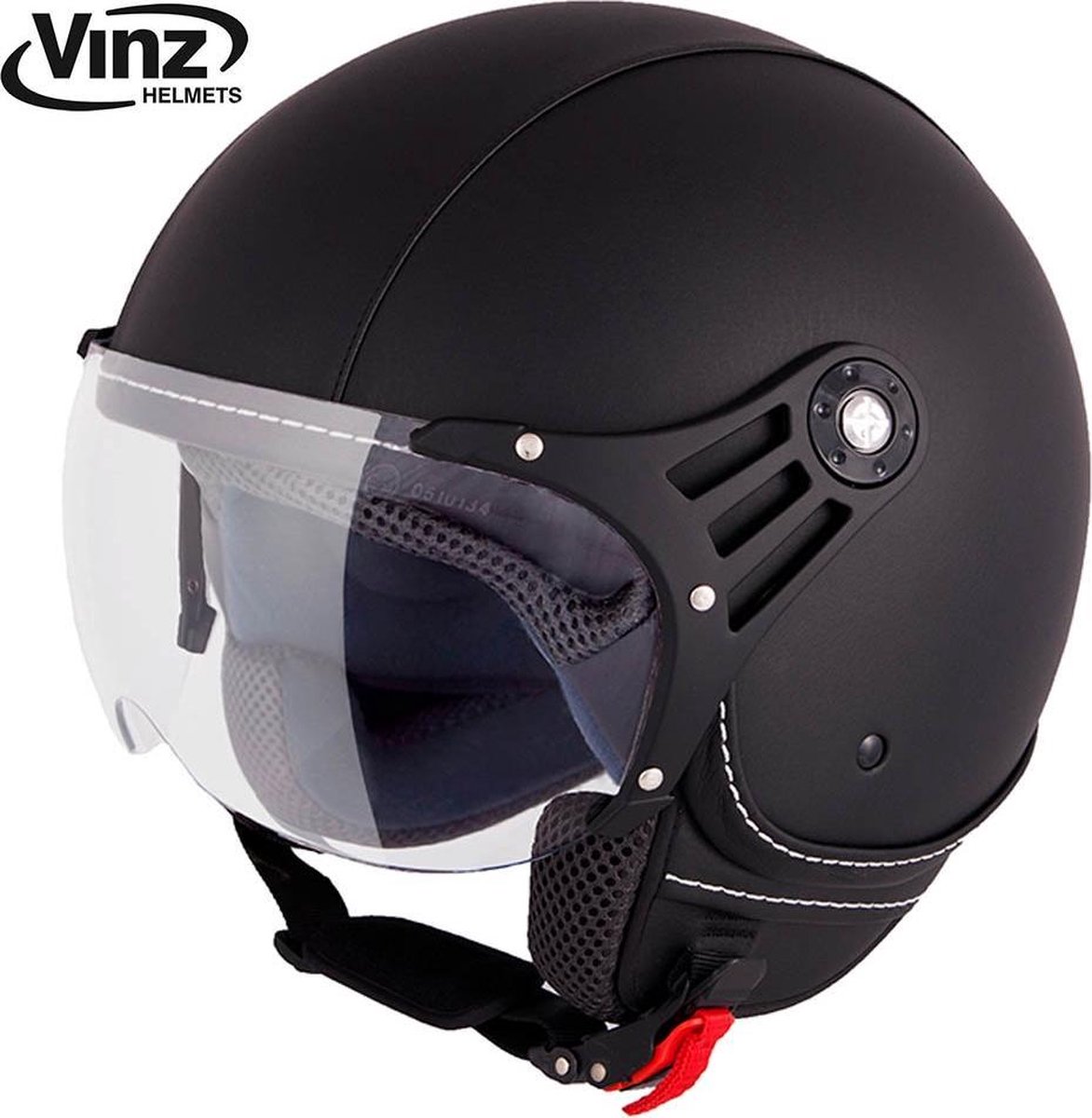 VINZ Laghi Jethelm Zwart Leer / Scooterhelm / Brommerhelm / Motorhelm