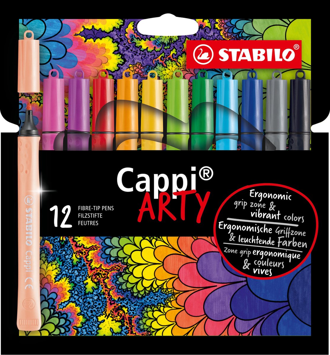 STABILO Cappi - Viltstift - Nooit Meer Je Dop Kwijt Dankzij De Dopring - ARTY Etui Met 12 Kleuren + 1 Dopring - STABILO