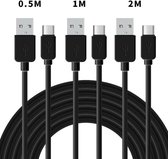NÖRDIC KABELKIT-4 USB-C naar USB-A kabel, 3 stuks, 0.5 meter, 1 meter, 2 meter, 2.0 oplaadkabel, 2,4 A, 480 Mbps, Zwart