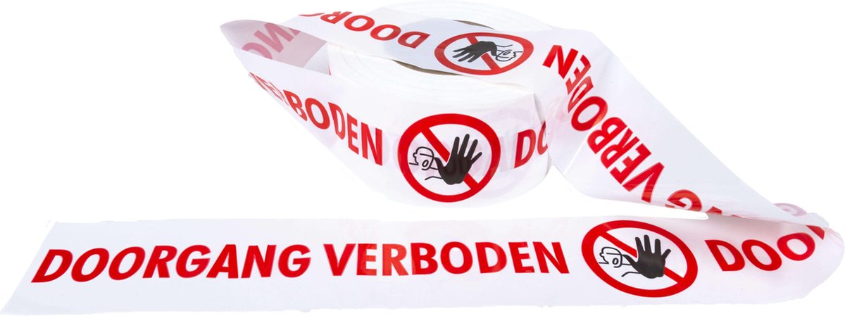 Kortpack - Afzetlint 75 mm breed x 250mtr lang, 60my dik - Met Opdruk: Doorgang Verboden - Wit Afzetlint met Rood/Zwarte opdruk - 1 rol - Waarschuwingslint - Verboden Toegang - (027.0051)