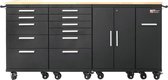 George Tools mobiele werkbank 188 cm - Werktafel op wielen met 12 laden, 1 opbergkast en houten werkblad - Complete set voor werkplaats of garage - Zwart