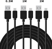 NÖRDIC KABELKIT-6 USB-A naar Micro-USB kabel, 3 stuks, 0.5 meter, 1 meter, 2 meter, 2.0 oplaadkabel, 2,4 A, 480 Mbps, Zwart