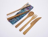 Bamboo Made X Bamboe bestekset 8-delig bamboo cutlery set in etui pouch eetstokjes chopsticks rietje straw vork mes lepel fork knife spoon cleaner set