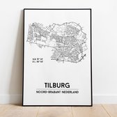 Tilburg city poster, A4 zonder lijst, plattegrond poster, woonplaatsposter, woonposter