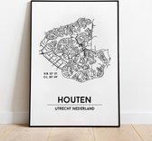 Houten city poster, A4 met lijst, plattegrond poster, woonplaatsposter, woonposter