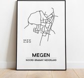 Megen city poster, A4 met lijst, plattegrond poster, woonplaatsposter, woonposter