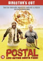 Poster voor de film "Postal" met twee mannen die elkaar bij de hand houden voor een explosie. "DIRECTOR'S CUT", "POSTAL", "LIVE-ACTION SOUTH PARKI".