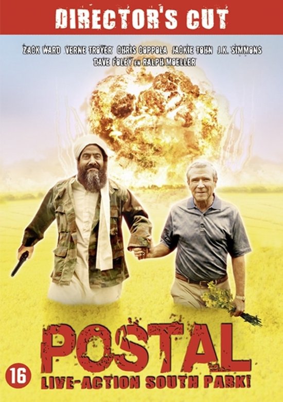 Poster voor de film "Postal" met twee mannen die elkaar bij de hand houden voor een explosie. "DIRECTOR'S CUT", "POSTAL", "LIVE-ACTION SOUTH PARKI".