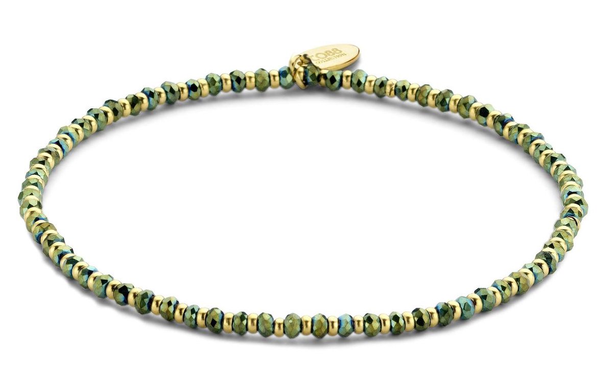 CO88 Collection Divine 8CB 90655 Stalen rek armband - groene natuursteen - one size - goudkleurig