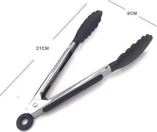Pince de cuisine en acier inoxydable de 21 cm, avec des extrémités et des poignées en silicone noires.