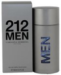 Zilverkleurige verstuiver met "MEN" logo en kartonnen doos, Carolina Herrera 212, 100 ml.