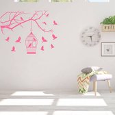 Muursticker Vogels Met Huisje -  Roze -  100 x 78 cm  -  woonkamer  slaapkamer  baby en kinderkamer  alle  dieren - Muursticker4Sale