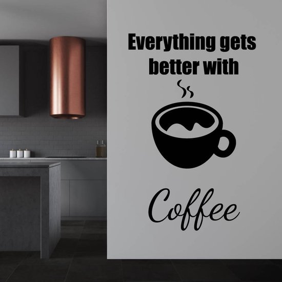 Muursticker Everything Gets Better With Coffee - Donkerblauw - 120 x 190 cm - taal - engelse teksten keuken alle