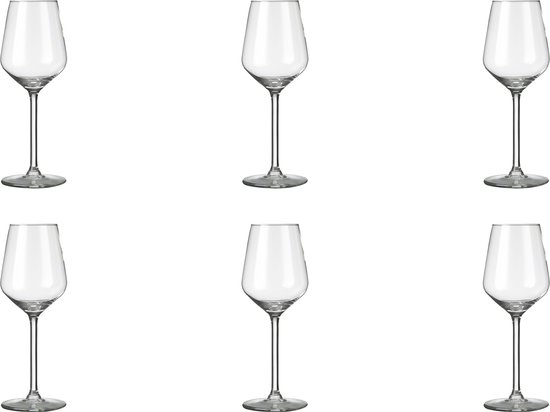 Ensemble de six verres à vin transparents avec pied élancé et large calice.