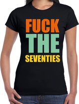 Fuck the seventies fun t-shirt met gekleurde letters - zwart -  dames - Fun shirt / kado t-shirt / 70s themafeest XL