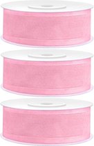3x Hobby/decoratie licht roze chiffon sierlinten 2,5 cm/25 mm x 25 meter - Cadeaulinten chiffonlinten/ribbons - Licht roze chiffon linten - Hobbymateriaal benodigdheden - Verpakkin