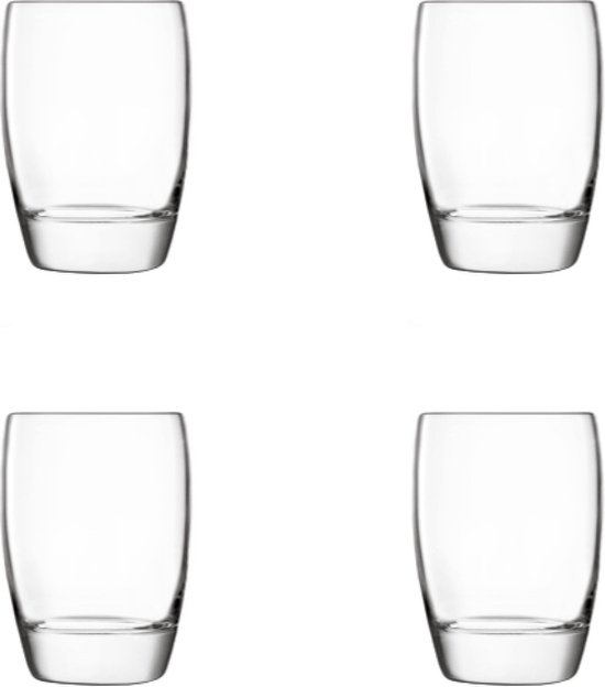 Vier lege, doorzichtige waterglazen met brede bases en taps toelopende zijkanten.