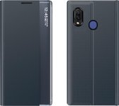 Voor Galaxy A40 Zijdisplay Met Magnetische / Beugelfunctie / Slaapfunctie Effen Textuurdoek + PC Flip Case (Donkerblauw)