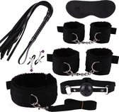 7 Delige BDSM Set | Zweep | Handboeien | Enkelboeien | Ballgag | Tepelklemmen | Blinddoek | Choker | Bondageset | BDSM | Erotiek Toys | 18+ | Zwart