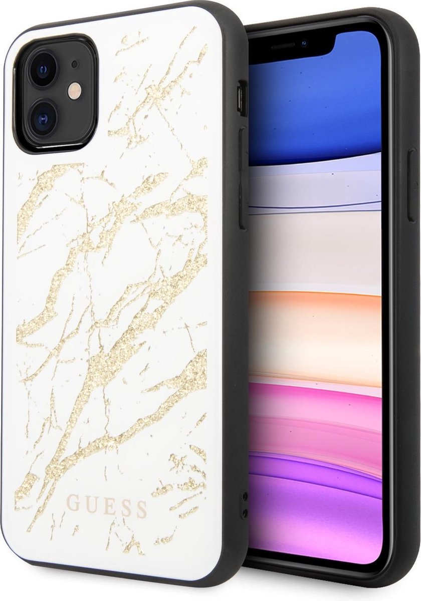 GUESS Marble Glass Back Cover - Geschikt voor Apple iPhone 11 (6.1") - Wit