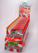 Rolly Brush wegwerp tandenborstel. Perzik aroma. Dispenser met 15 verpakkingen met een blister van 6 borstels.