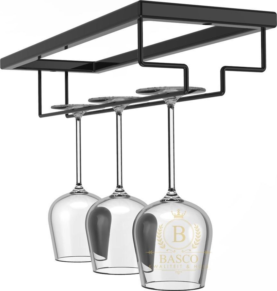 Basco Products - Ophangrek Wijnglazen – Metaal - Zwart - Voor 3 Glazen - Basco Products
