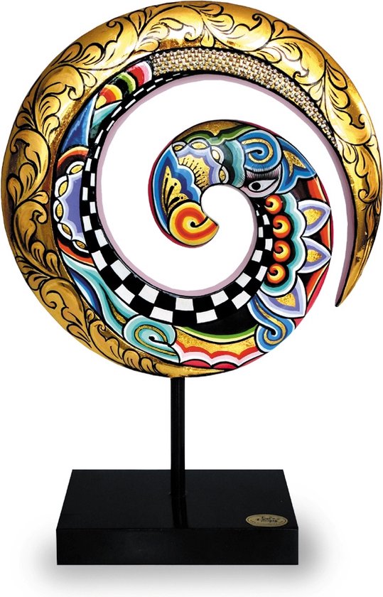 Spirale décorative dorée avec un design coloré et détaillé et une base noire.