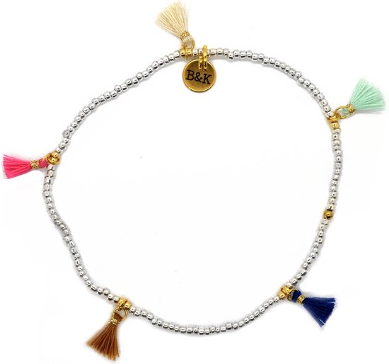 Bracelets de cheville avec perles avec mini pompons argent