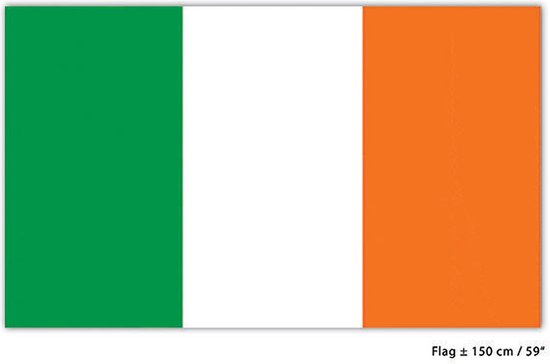De vlag van Ierland, met verticale banen groen, wit en oranje. Afmeting 150 x 90 cm.