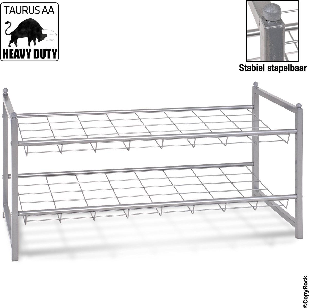 Schoenenrek – Aluminiumkleurig staal, 2 lagen – Stapelbaar heavy-duty ontwerp – 40 cm hoog, 70 cm breed, 30 cm diep
