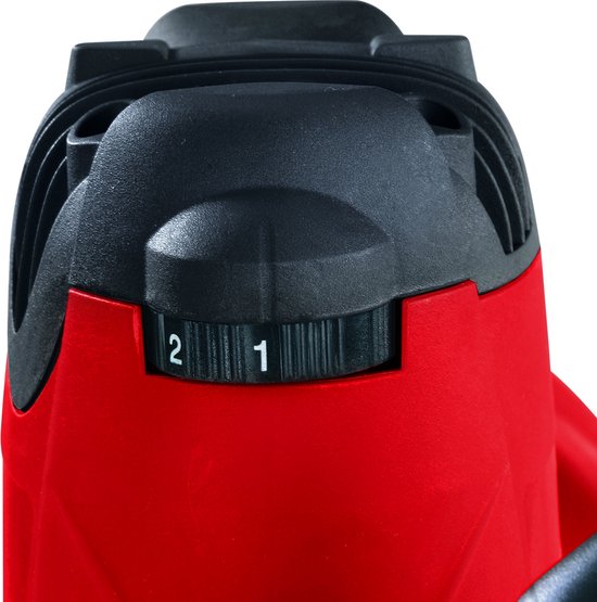 Einhell bovenfrees met draaiknop voor snelheidsregeling, aanduidingen 1 en 2.