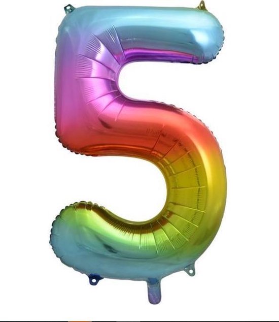Folie ballon XL cijfer 5 regenboog kleuren is + - 1 meter groot  groot inclusief een flamingo sleutelhanger