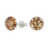 Joy|S - Zilveren rond oorbellen cubic zirkonia 8 mm champagne geel
