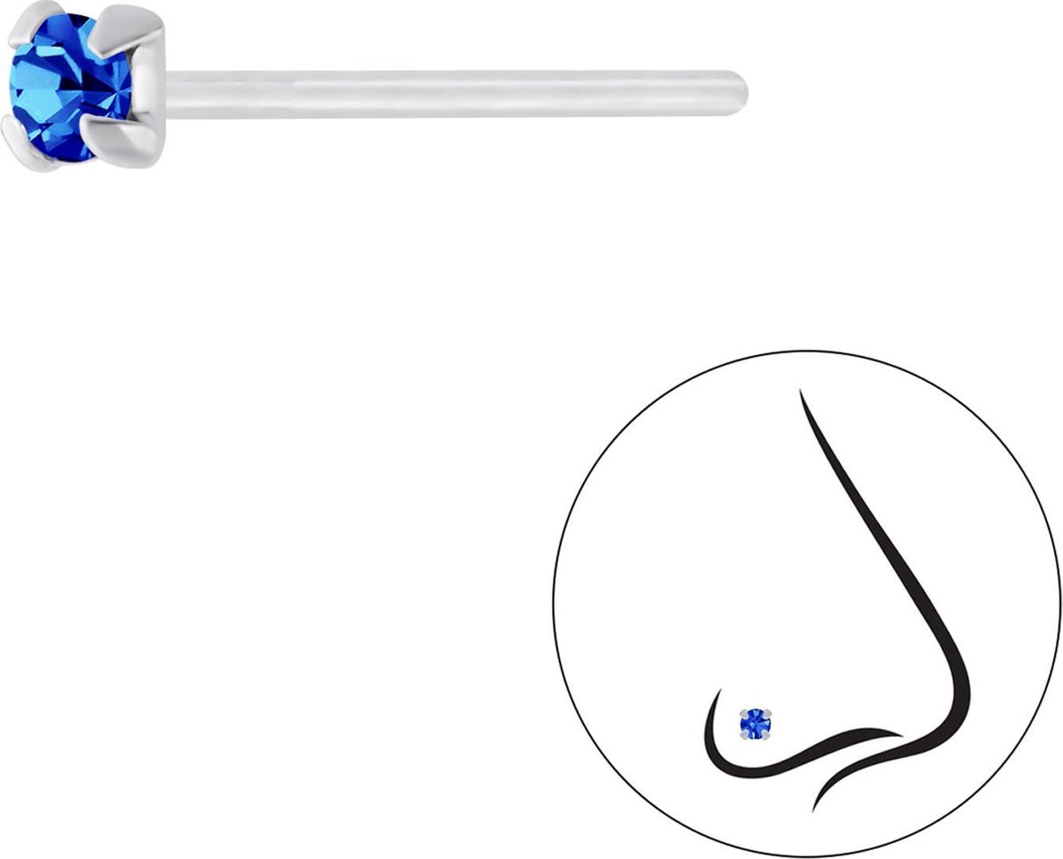 Joy|S - Zilveren petit neuspiercing kristal rond 2.5 mm saffier blauw 2 stuks