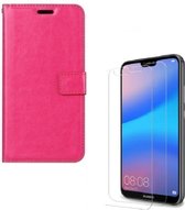 Huawei P20 Lite (2018) Portemonnee hoesje roze met 2 stuks Glas Screen protector