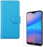 hoesje Geschikt voor: Huawei P20 Lite (2018) Portemonnee Turquoise met 2 stuks Glas Screen protector