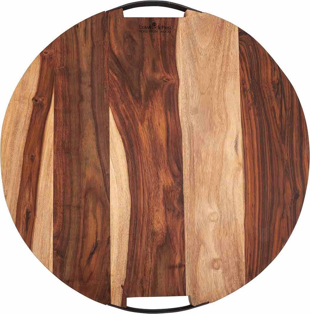 Bowls and Dishes Pure Rose Wood Duurzame Borrelplank XL | Tapasplank | Serveerplank rond | Pizzaplank - met twee metalen handvatten - 49 cm | cadeautip!