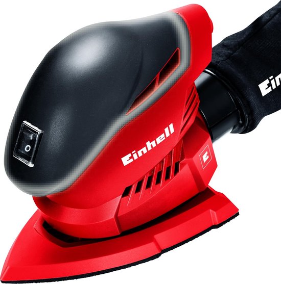 Rode Einhell multischuurmachine met stofzak en aan/uit schakelaar.