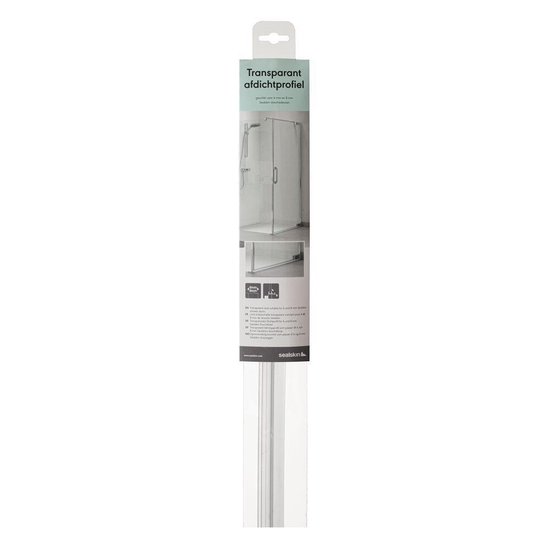 Transparant afdichtprofiel verpakt met afbeeldingen van een douchecabine. Geschikt voor 6-8 mm glas.
