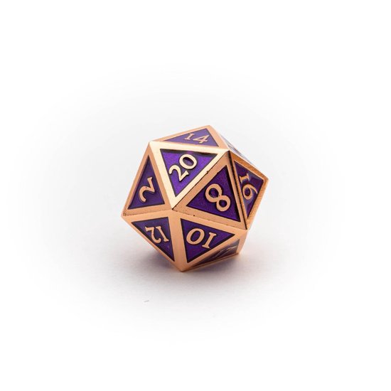 Thumbnail van een extra afbeelding van het spel 7 delige Metalen Dobbelstenen Set - inclusief Opbergzakje - Dungeons & Dragons - Paars Koper