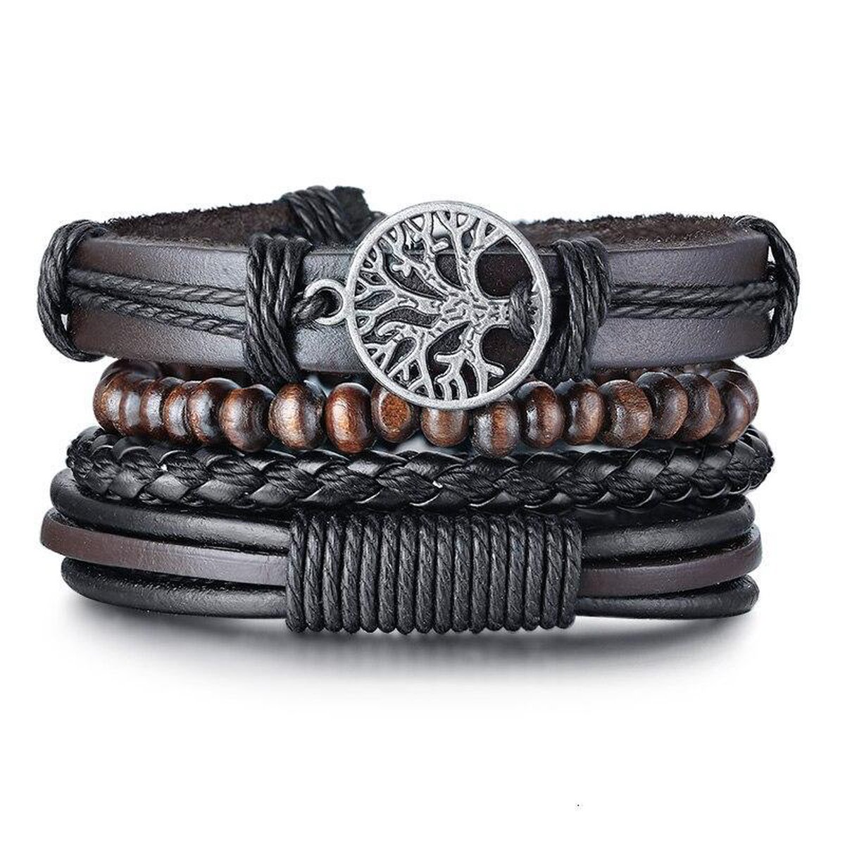 BAZORO® Armband Heren - Gevlochten Leer - Vintage Mannen Armband - Set van 4 stuks - One Size Fits All - Bruin
