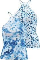 Seafolly Caribbean Ink Highneck Singlet - Dames Tankini Bikini topje - Blauw / Wit - Maat (36) S