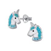 Joy|S - Zilveren eenhoorn oorbellen turquoise/ blauw unicorn