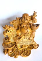 Feng Shui draak-schilpad met dikbuik boeddha bruin rijkdom en geluk. handgeschilderd 12,5x9x12,5cm