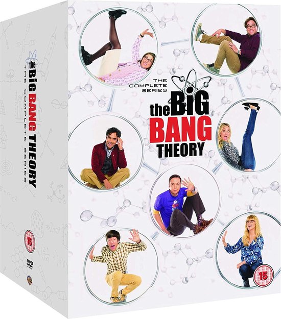 De cast van The Big Bang Theory, in cirkels geplaatst, met moleculaire structuren en de titel.