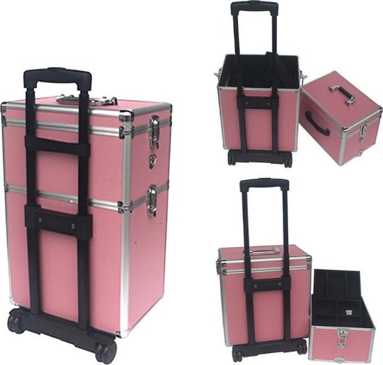 Kapperskoffer trolley - visagie make up nagel koffer - schminkkoffer - beauty case - roze |